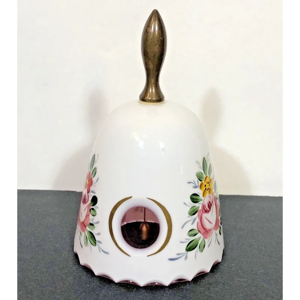 Hand Bell China with Brass Handle Pink Inside Cutouts Hand Painted Floral Design